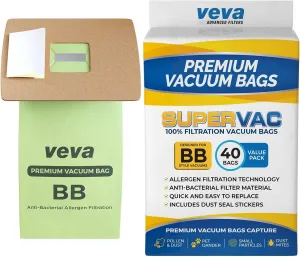 VEVA 40 Pack Premium SuperVac Vacuum Bags Style BB Work with All Handheld Vacuum Models BB180, BB280, BB850, BB870, BB880, BB900, BB1000, BB1100, BB1200