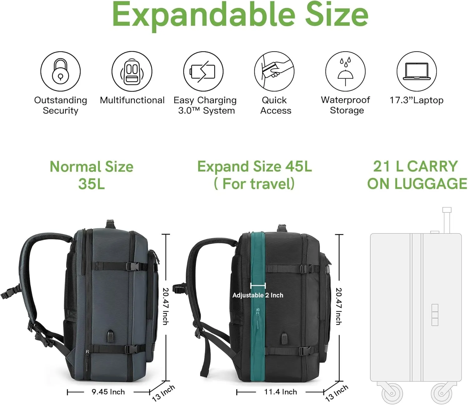 VGOAL Carry on Backpack, 40L Expandable Travel Weekender Overnight Luggage Bag Extra Large Backpack Fit up to 17.3" Laptop