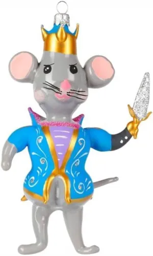 Vietri Nutcrackers Figural Mouse King Ornament Hand Painted Glass Terra Bianca Christmas Tree Decoration - 7 Inch White