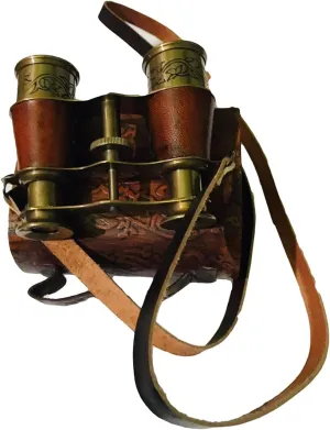 Vintage Brass Binoculars with Leather Case, Carved Wood Holder, Decorative Antique Design