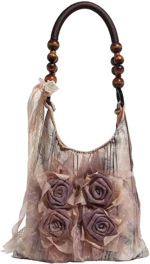 Vintage Chinese style tie dye rose flower bag, pleated armpit bag, commuting tote bag, single shoulder handbag