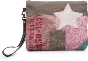 Vintage Star Patch Canvas Wristlet Bag for Women | Upcycled Small Clutch Purse with Zipper, Eco-Friendly Casual Handbag with Strap