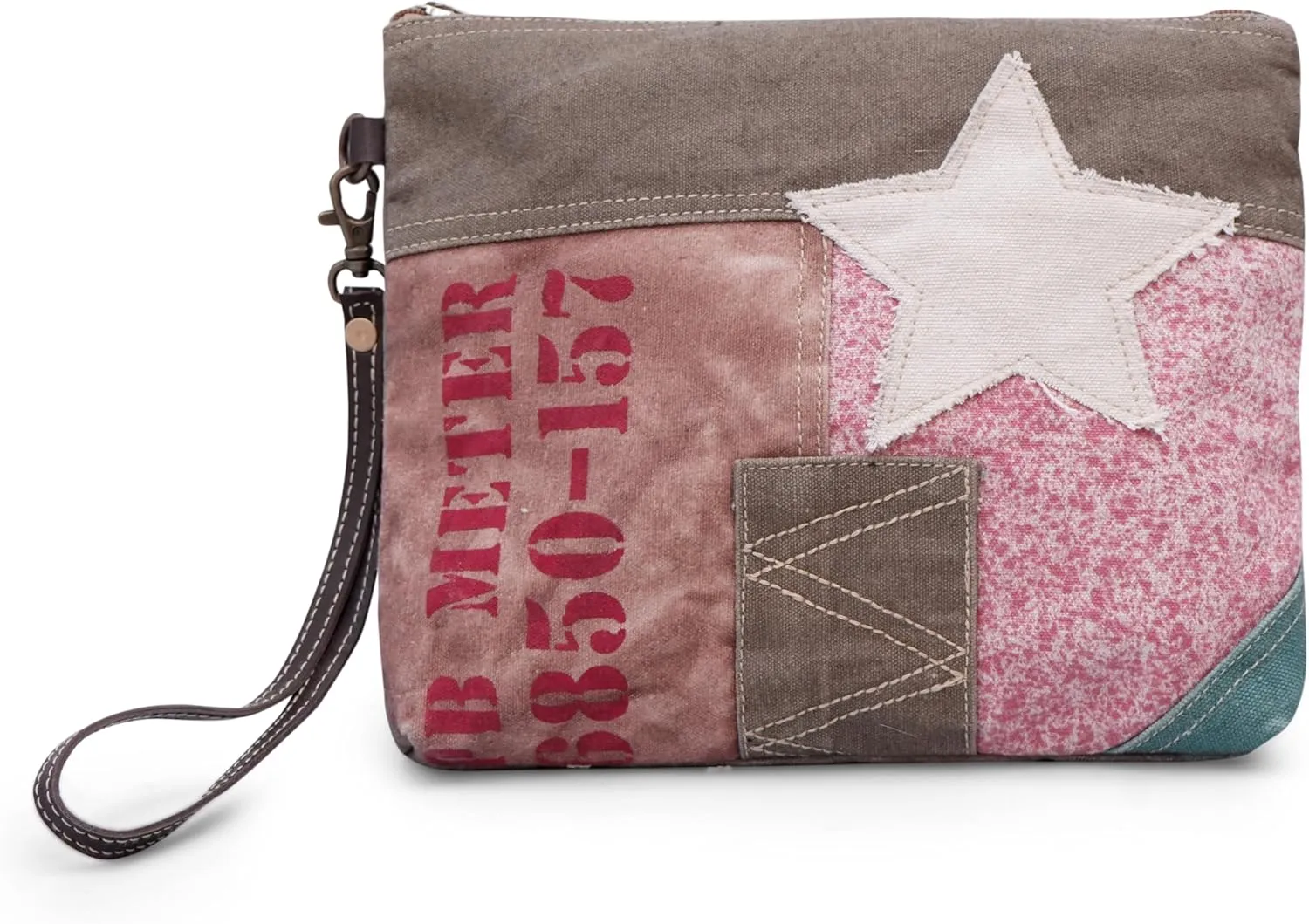 Vintage Star Patch Canvas Wristlet Bag for Women | Upcycled Small Clutch Purse with Zipper, Eco-Friendly Casual Handbag with Strap