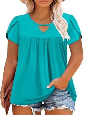 VISLILY Womens-Plus-Size-Summer-Tops Chic Keyhole V Neck T Shirts Cute Petal Short Sleeve Blouses Flowy Pleated Tunics XL-5XL