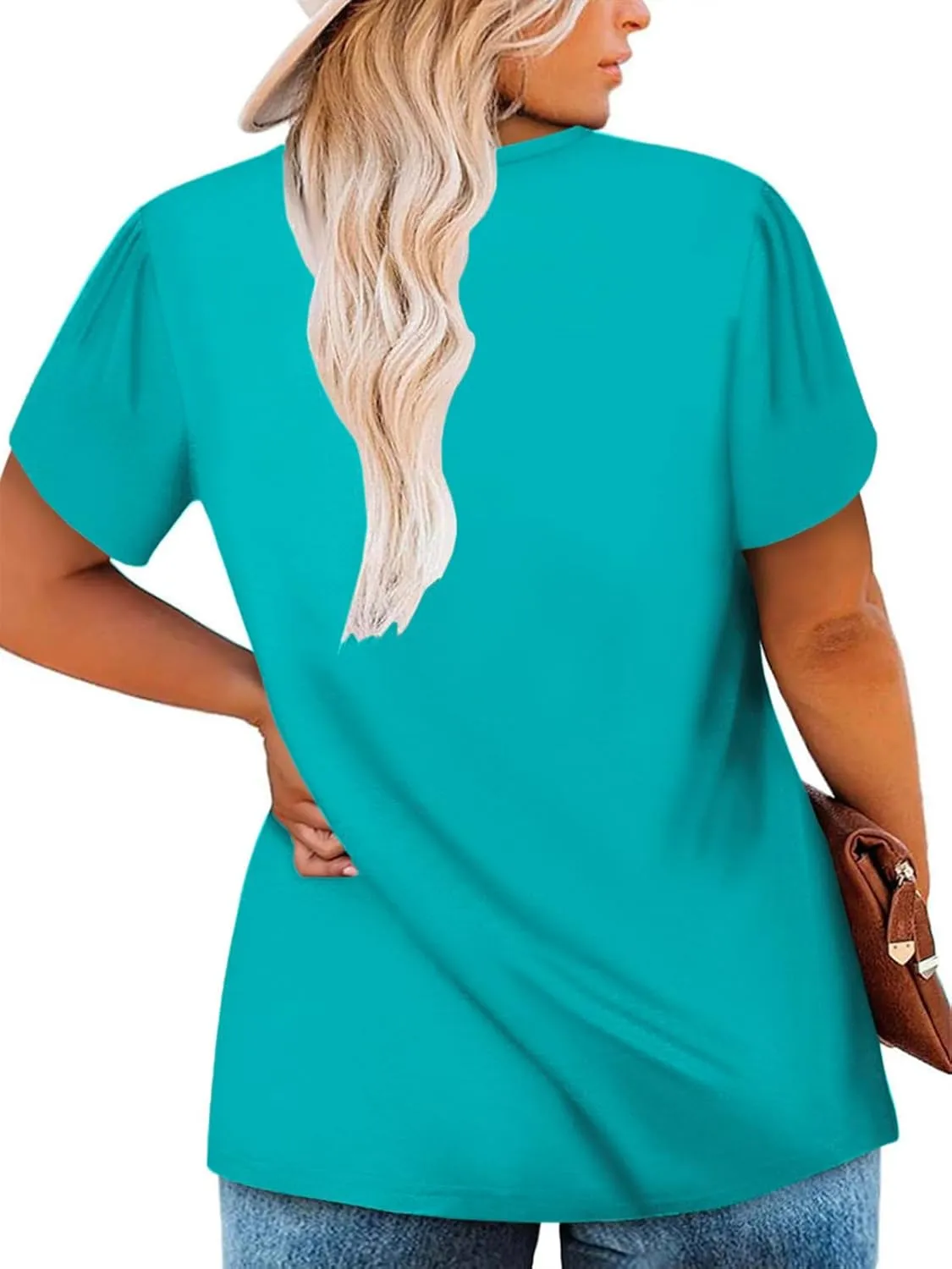 VISLILY Womens-Plus-Size-Summer-Tops Chic Keyhole V Neck T Shirts Cute Petal Short Sleeve Blouses Flowy Pleated Tunics XL-5XL