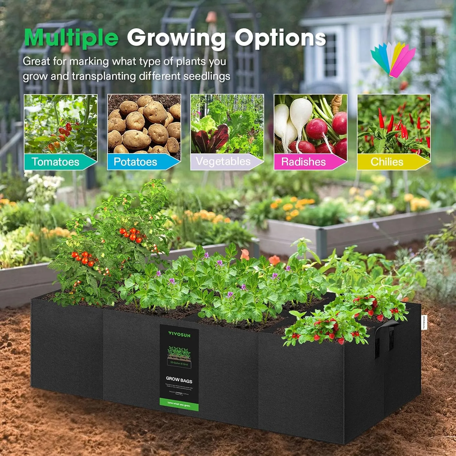 VIVOSUN 8-Grid 55 Gallon Plant Grow Bags, Large Fabric Raised Garden Bed with 400G Thickened Breathable Fabric, Reinforced Handles & 10 Pcs Plant Labels for Flowers, Vegetables, Fruits