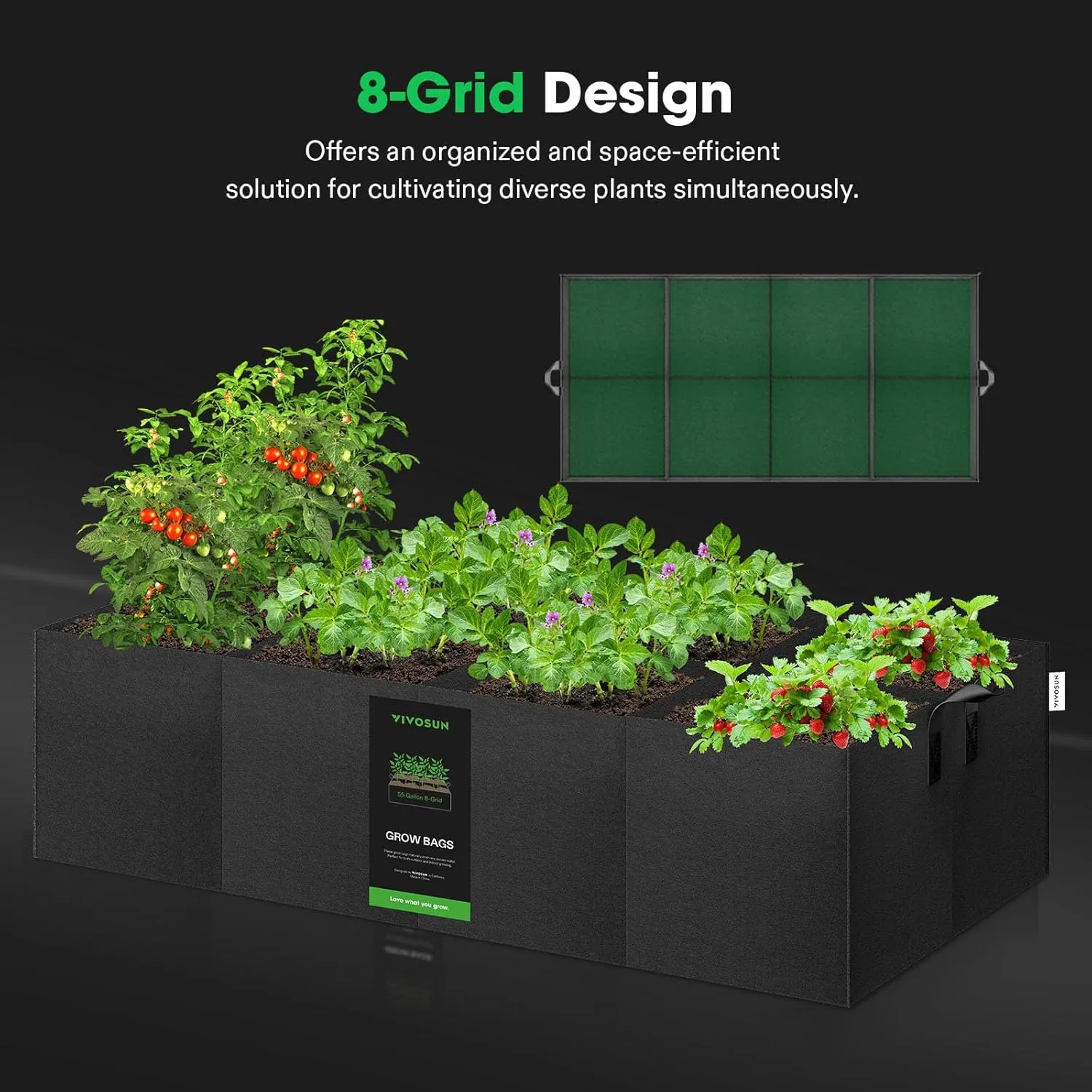 VIVOSUN 8-Grid 55 Gallon Plant Grow Bags, Large Fabric Raised Garden Bed with 400G Thickened Breathable Fabric, Reinforced Handles & 10 Pcs Plant Labels for Flowers, Vegetables, Fruits
