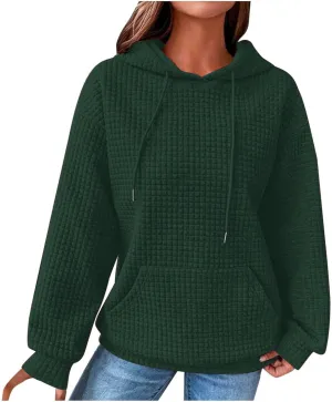 Waffle Hooded Sweatshirts for Women Long Sleeve Fall Hoodies Womens Plain Pullover Sweatshirt Trendy 2024