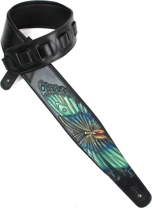 Walker And Williams KB-57 Handmade Large Vivid Blue Butterfly Padded Guitar Strap Hand Carved On Premium Black Carving Leather For Acoustic, Electric, And Bass Guitars