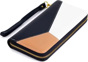 Wallet for Women - Large Faux Leather Women's Zipper Wristlet Wallet with Detachable Strap - Long Clutch Wallet with Cell Phone Pocket (Black and White 2)