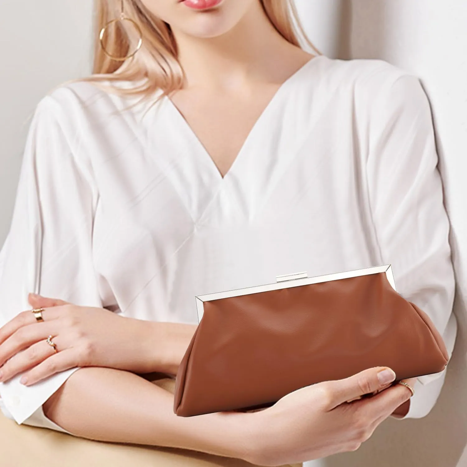 WALLYN'S Elegant Pleated Leather Clutch Purse,Soft Pleated Evening Handbag for Women Formal,Weddings,Proms,Cocktail-Gemma