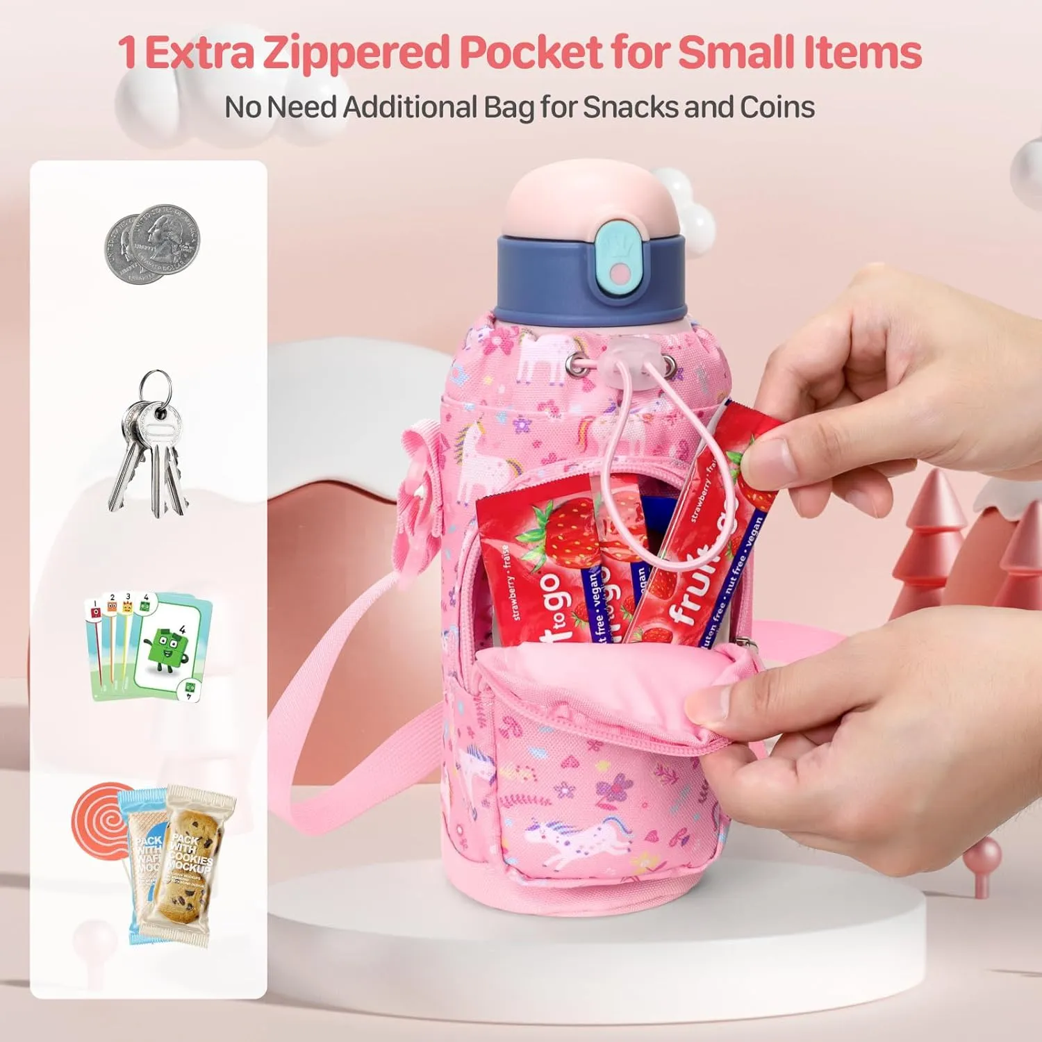 Water Bottle Carrier for Kids - Water Bottle Holder with Strap, Boys Girls Water Bottle Sling Bag for 10/12/14/16/18Oz Water Bottles Walking Hiking Camping (Height 8" Diameter 3.5")