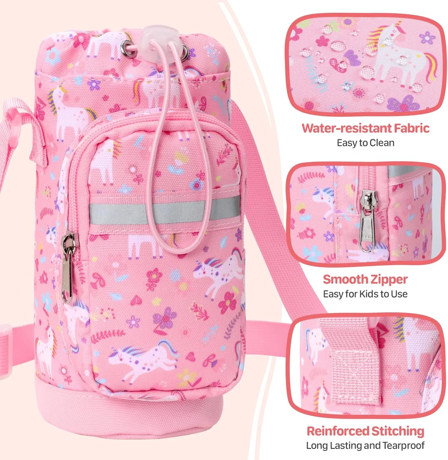Water Bottle Carrier for Kids - Water Bottle Holder with Strap, Boys Girls Water Bottle Sling Bag for 10/12/14/16/18Oz Water Bottles Walking Hiking Camping (Height 8" Diameter 3.5")