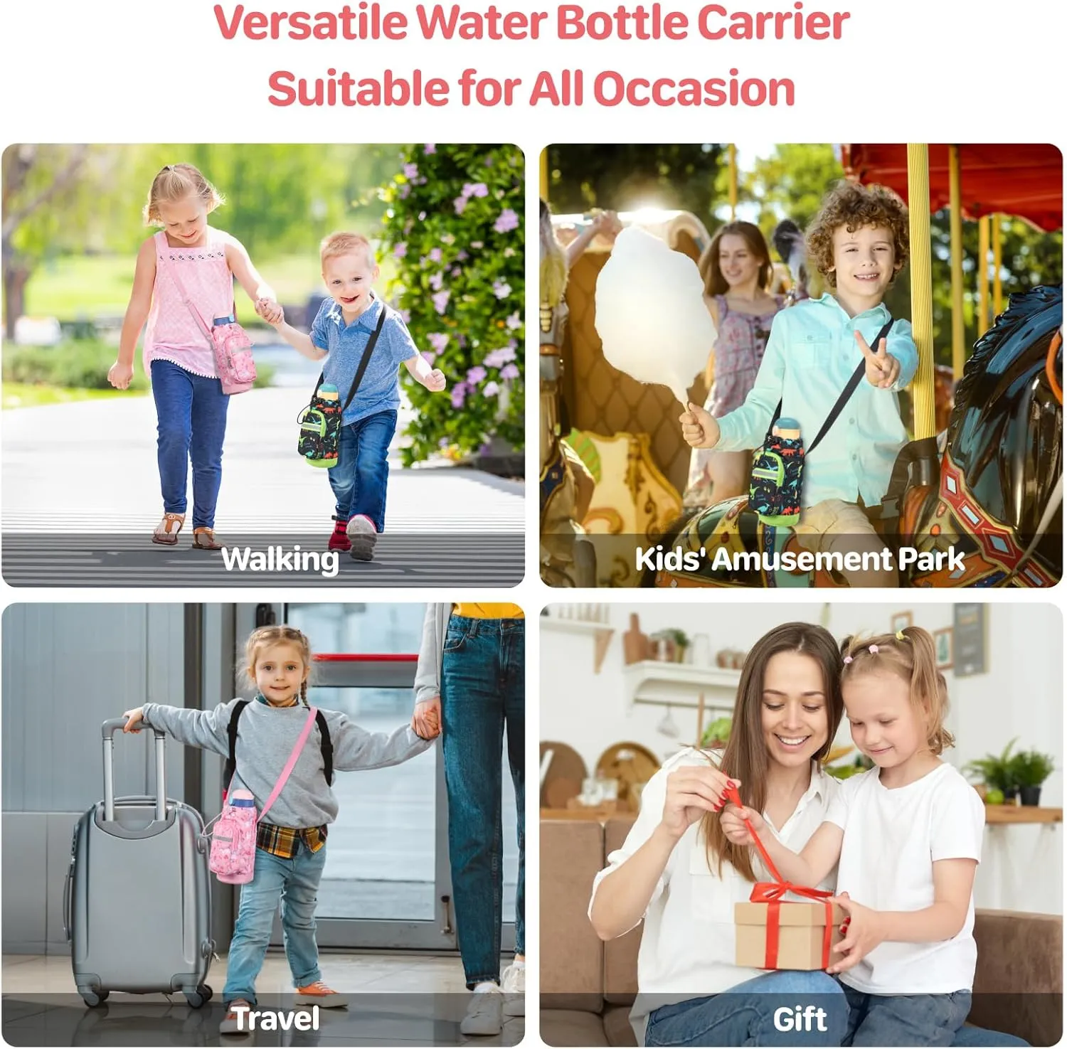 Water Bottle Carrier for Kids - Water Bottle Holder with Strap, Boys Girls Water Bottle Sling Bag for 10/12/14/16/18Oz Water Bottles Walking Hiking Camping (Height 8" Diameter 3.5")