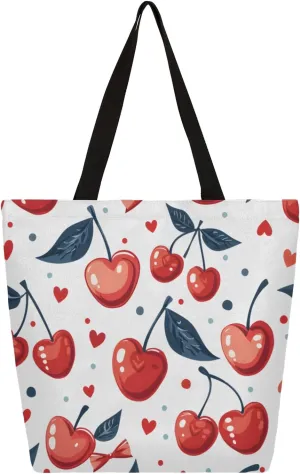 Watercolour Cherry Heart Large Capacity Canvas Tote Bag Stylish Handheld Shoulder Bag Reusable Shopping Bag for Work Travel Beach Trips Shopping