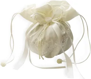 Wedding Drawstring Bridal Favor Money Bag Purse (Ivory Money Bag with Satin Flower Accent)