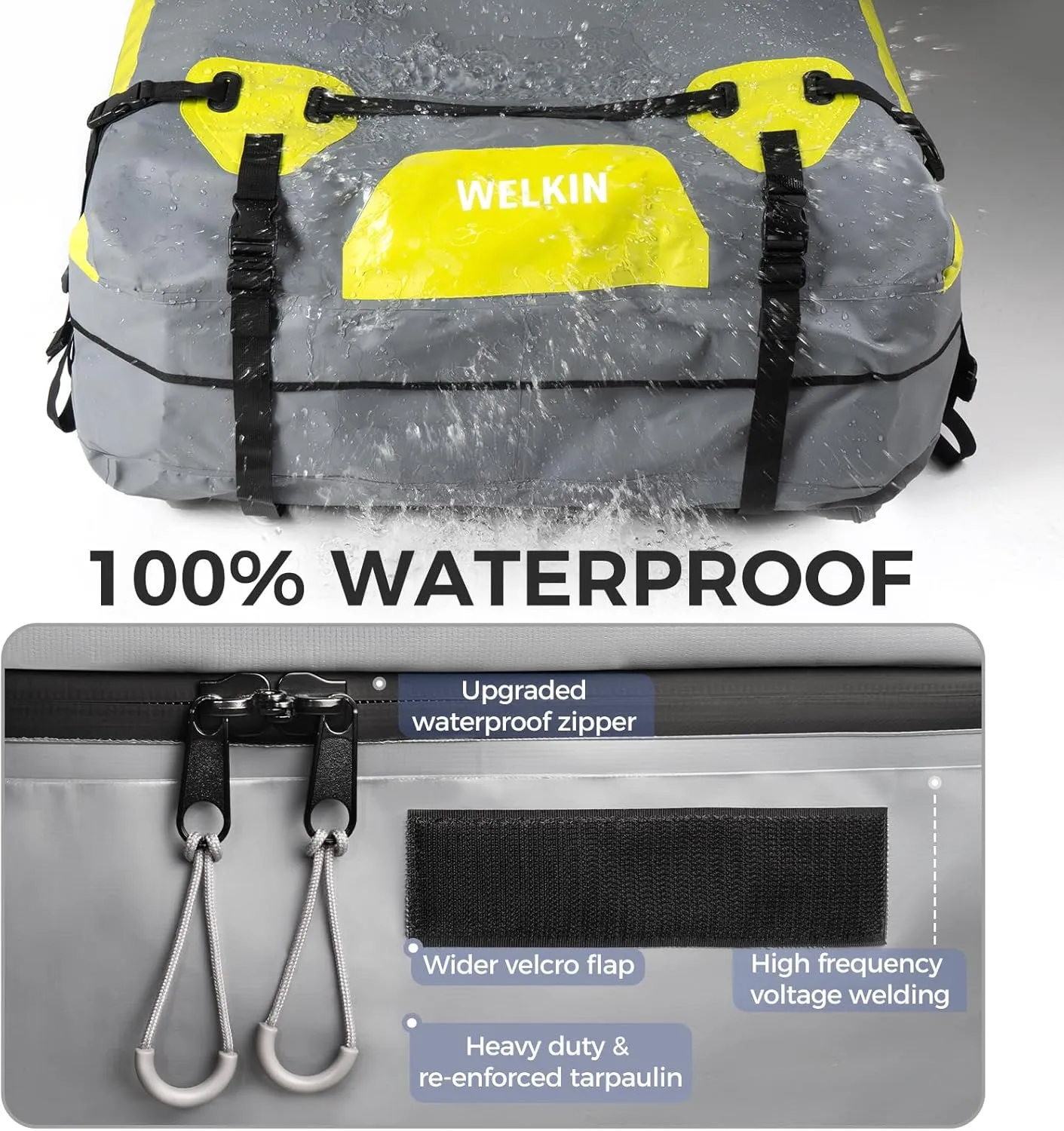 WELKIN Heavy Duty Rooftop Cargo Carrier Bag - 21 Cubic Waterproof Car Roof Bag for All Vehicles with/Without Rack - Includes Anti-Slip Mat, 8 Door Hooks, TSA Lock & Storage Bag - Reinforced Straps
