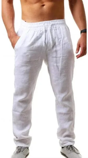 White Linen Pants for Men Cotton Solid Elastic Loose Men's Breathable Pants Loose Fit Drawstring Tan Linen Pants Men