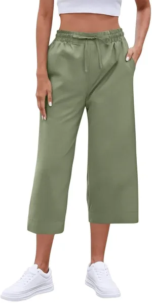 Wide Leg Capri Pants for Women Elastic High Waist Straight Leg Palazzo Trousers Summer Beach Vacation Lounge Pants