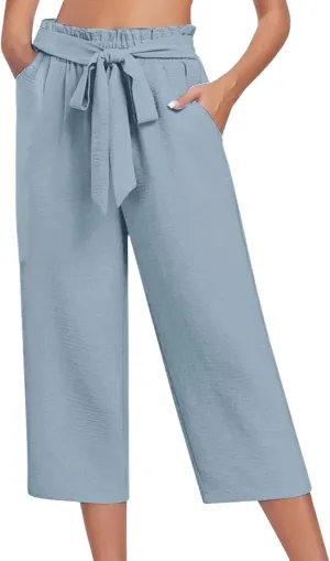Wide Leg Capri Pants for Women High Waisted Adjustable Bow Tie Palazzo Pants Dressy Casual Flowy Capris with Pockets
