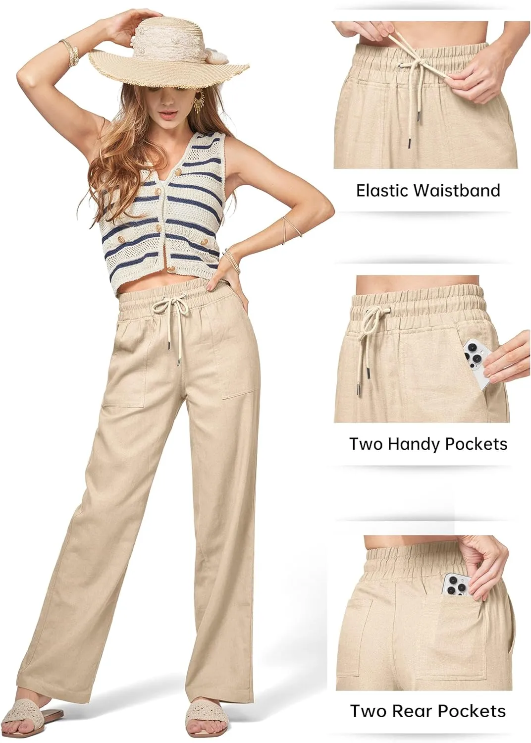 Willit Women Linen Pants Wide Leg Casual Palazzo Pants Cotton Linen Lounge Beach Summer Pants with Pockets 29"/31"/ 33"