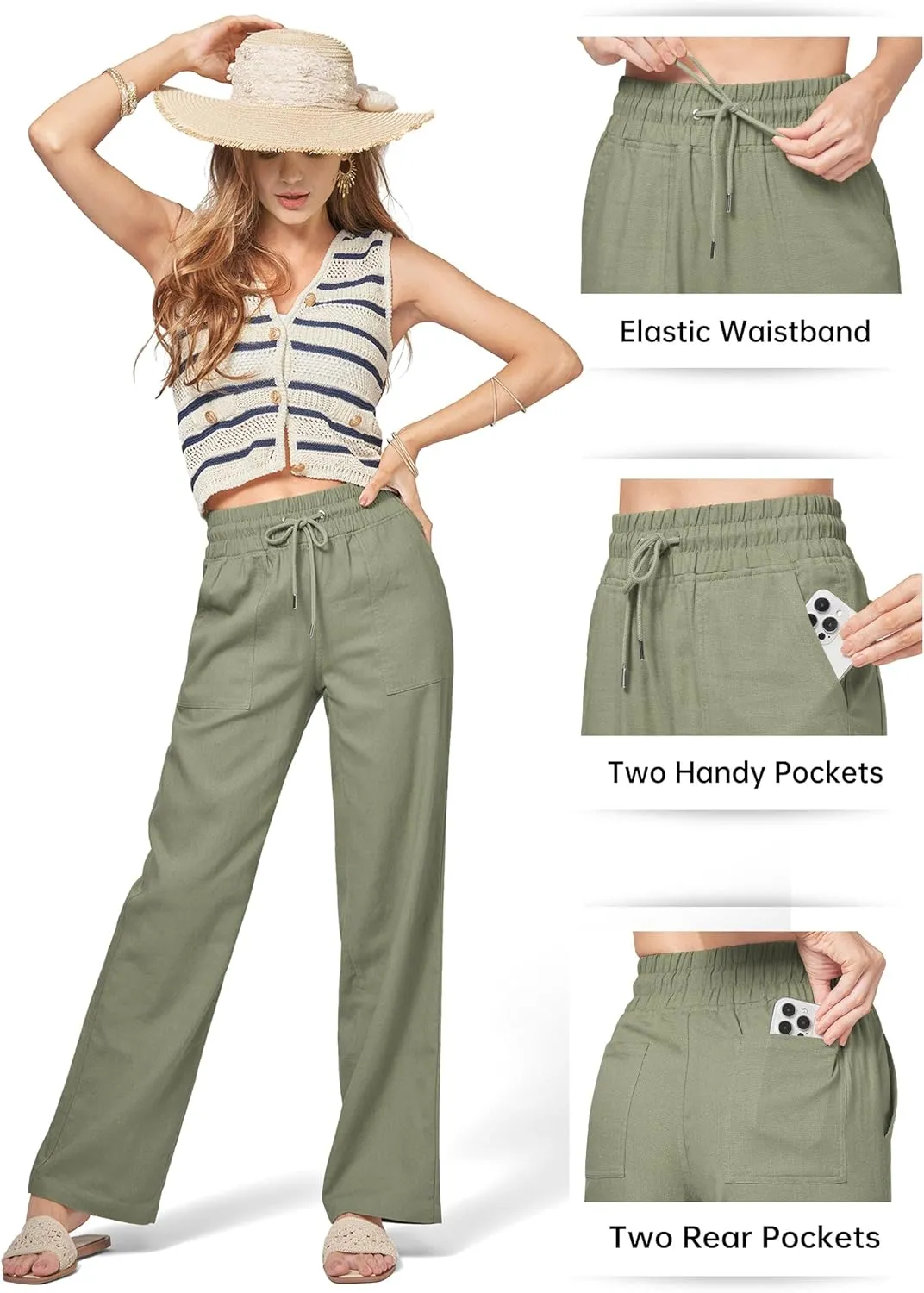 Willit Women Linen Pants Wide Leg Casual Palazzo Pants Cotton Linen Lounge Beach Summer Pants with Pockets 29"/31"/ 33"