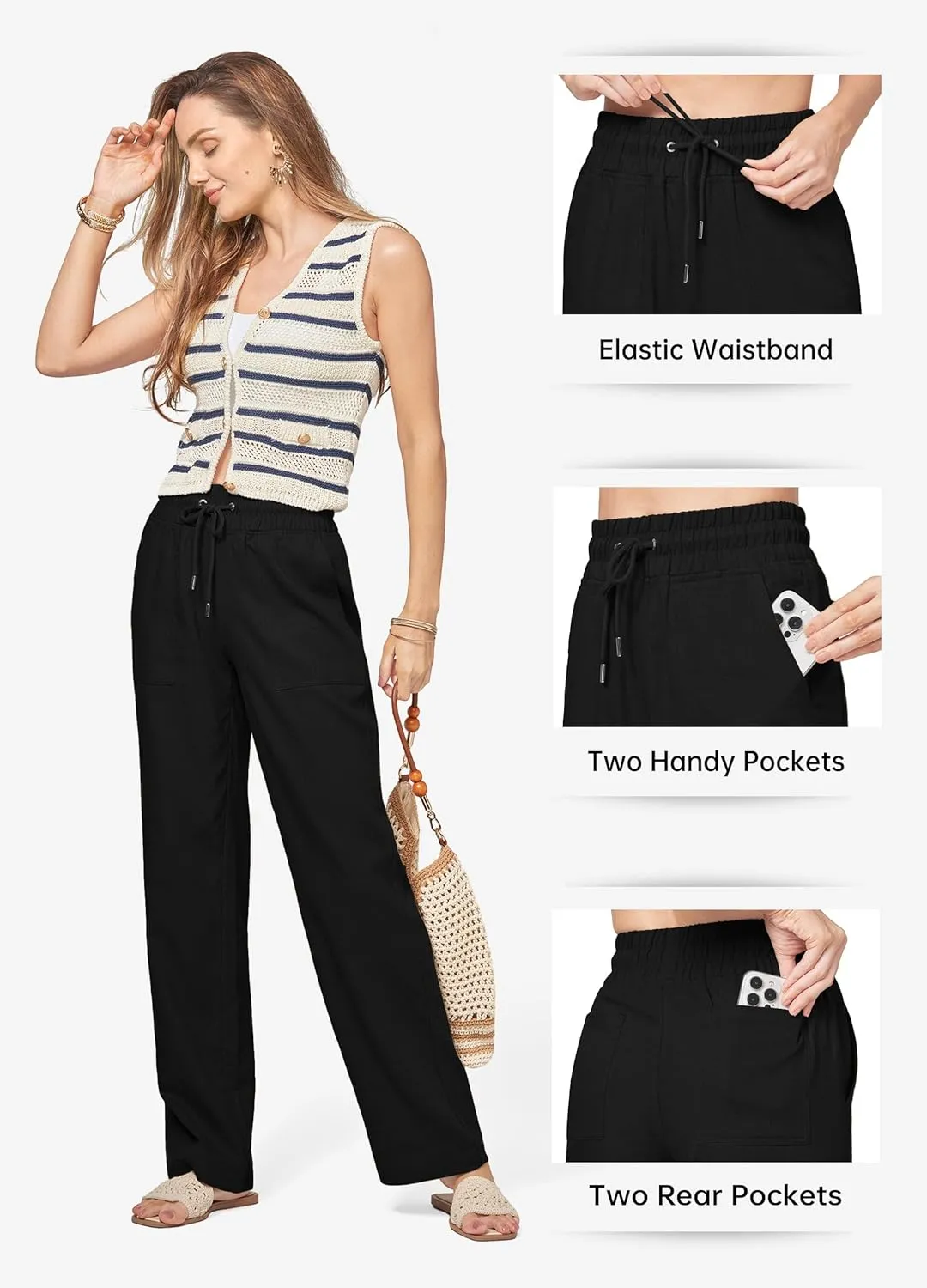 Willit Women Linen Pants Wide Leg Casual Palazzo Pants Cotton Linen Lounge Beach Summer Pants with Pockets 29"/31"/ 33"