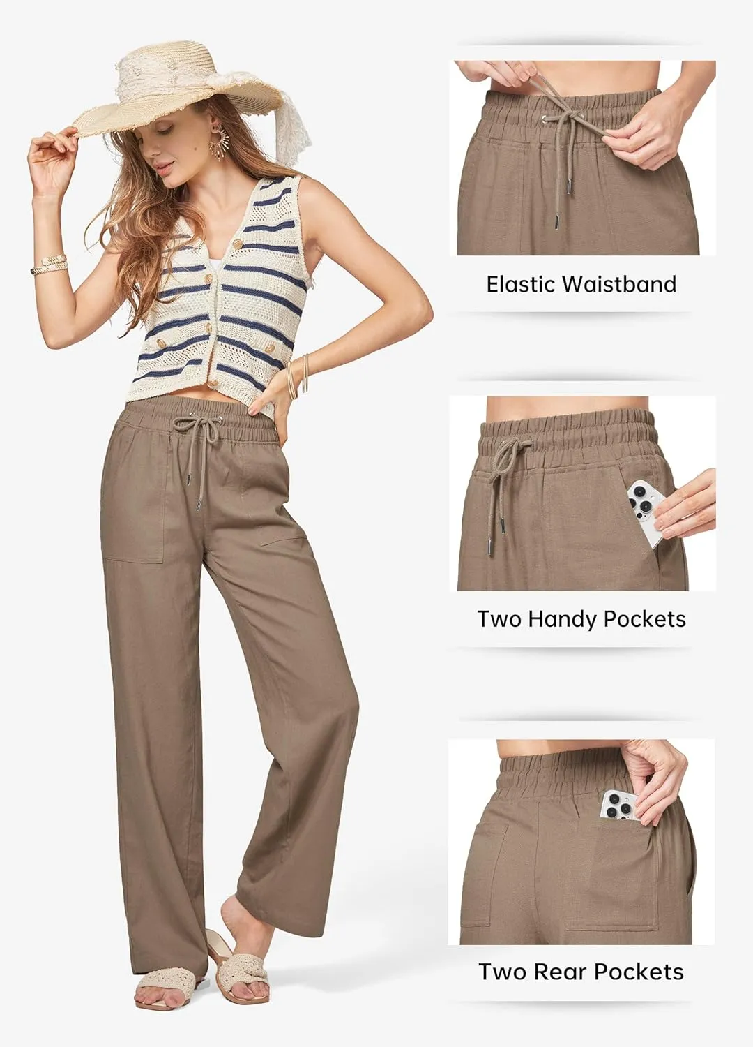 Willit Women Linen Pants Wide Leg Casual Palazzo Pants Cotton Linen Lounge Beach Summer Pants with Pockets 29"/31"/ 33"