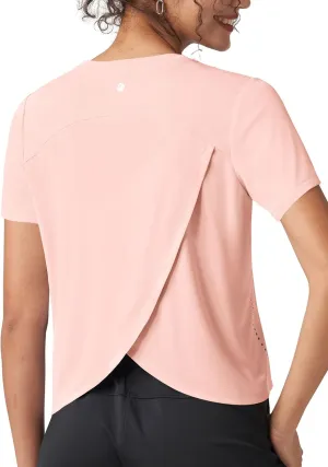 Willit Women's Workout Tops Athletic Shirts Cropped Short Sleeve Split Back Gym Breathable Quick Dry