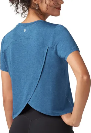 Willit Women's Workout Tops Athletic Shirts Cropped Short Sleeve Split Back Gym Breathable Quick Dry