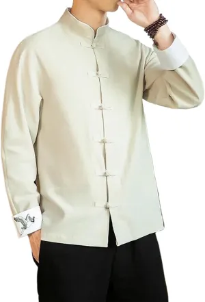 Wolong Chinese Style Men's Tang Suit Hanfu Long-Sleeved Linen Kung Fu Shirt Loose Wear Lay Buddhist Zen Clothes Top