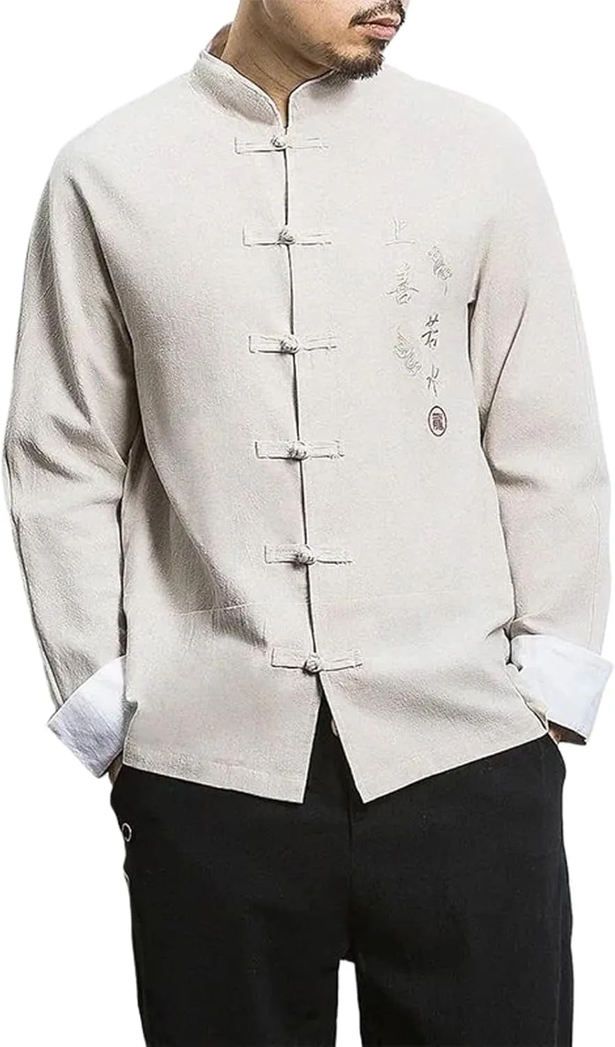 Wolong Chinese Style Men's Tang Suit Hanfu Long-Sleeved Linen Kung Fu Shirt Loose Wear Lay Buddhist Zen Clothes Top