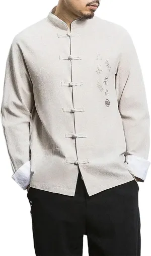 Wolong Chinese Style Men's Tang Suit Hanfu Long-Sleeved Linen Kung Fu Shirt Loose Wear Lay Buddhist Zen Clothes Top