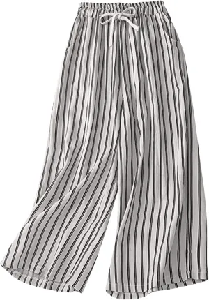 Women Cotton Linen Pants Wide Leg Striped Plus Size Pant High Waist Loose Comfy Trousers Casual Summer Fall Sweatpant