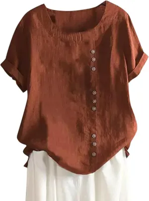 Women Cotton Linen Short Sleeve Shirts Summer Boho Floral Print Blouses Casual Button Loose Tunic Tops