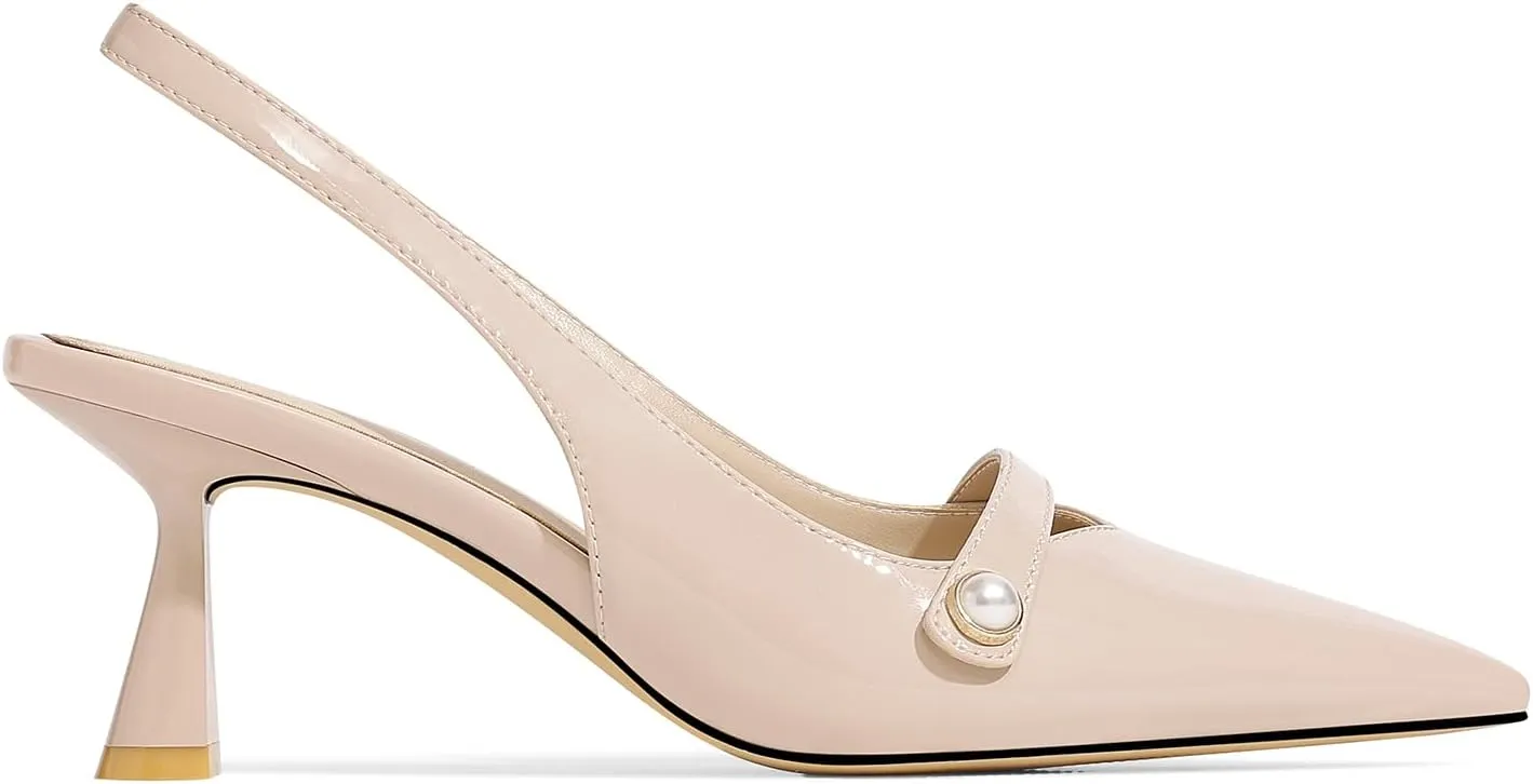 Women Kitten Heels Slingback Low Heel Pumps Dress Shoes for Women Closed Pointed Toe Pearl Heels for Work Wedding Bridal