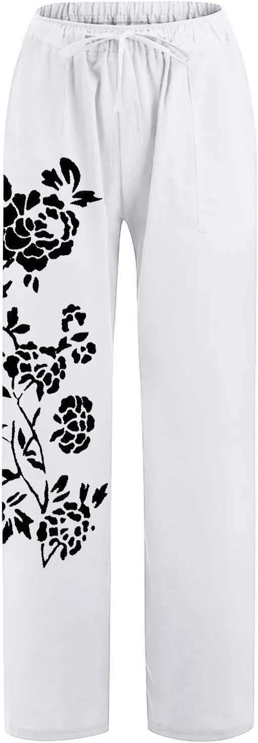 Women Linen Palazzo Pants 2025 Summer High Waisted Wide Leg Lounge Pants Pleated Beach Travel Trousers with Pocket