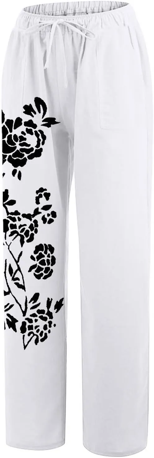 Women Linen Palazzo Pants 2025 Summer High Waisted Wide Leg Lounge Pants Pleated Beach Travel Trousers with Pocket