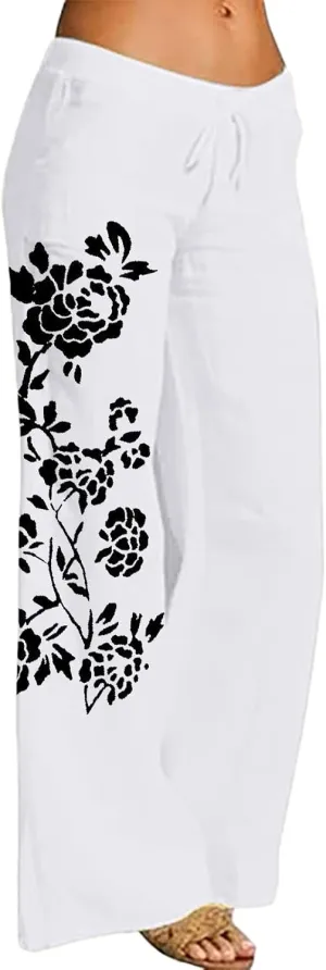 Women Linen Palazzo Pants 2025 Summer High Waisted Wide Leg Lounge Pants Pleated Beach Travel Trousers with Pocket