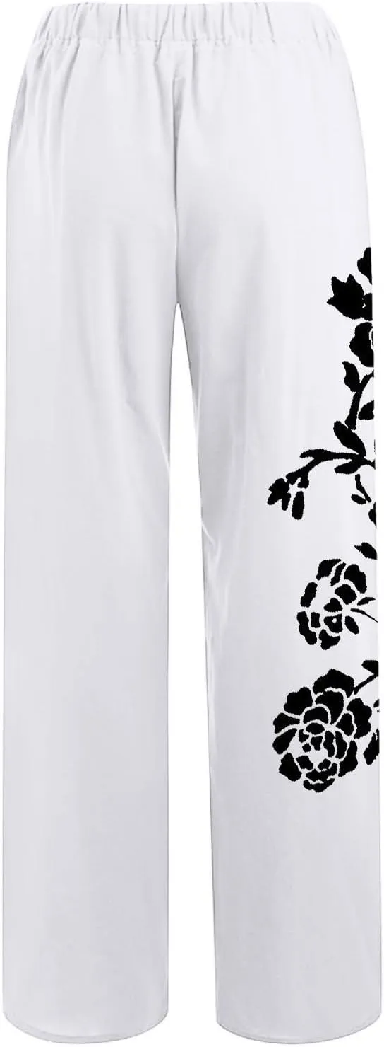 Women Linen Palazzo Pants 2025 Summer High Waisted Wide Leg Lounge Pants Pleated Beach Travel Trousers with Pocket
