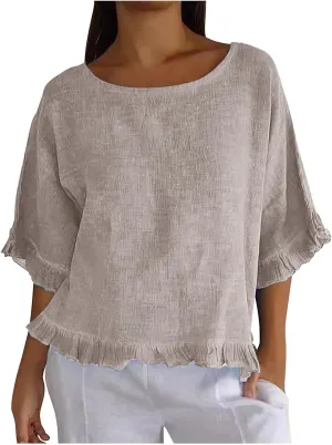 Women Linen Shirts Summer Casual Plus Size Beach Vacation Half Sleeve Gauze Tees Tops Crewneck Cotton Blouses Clothes