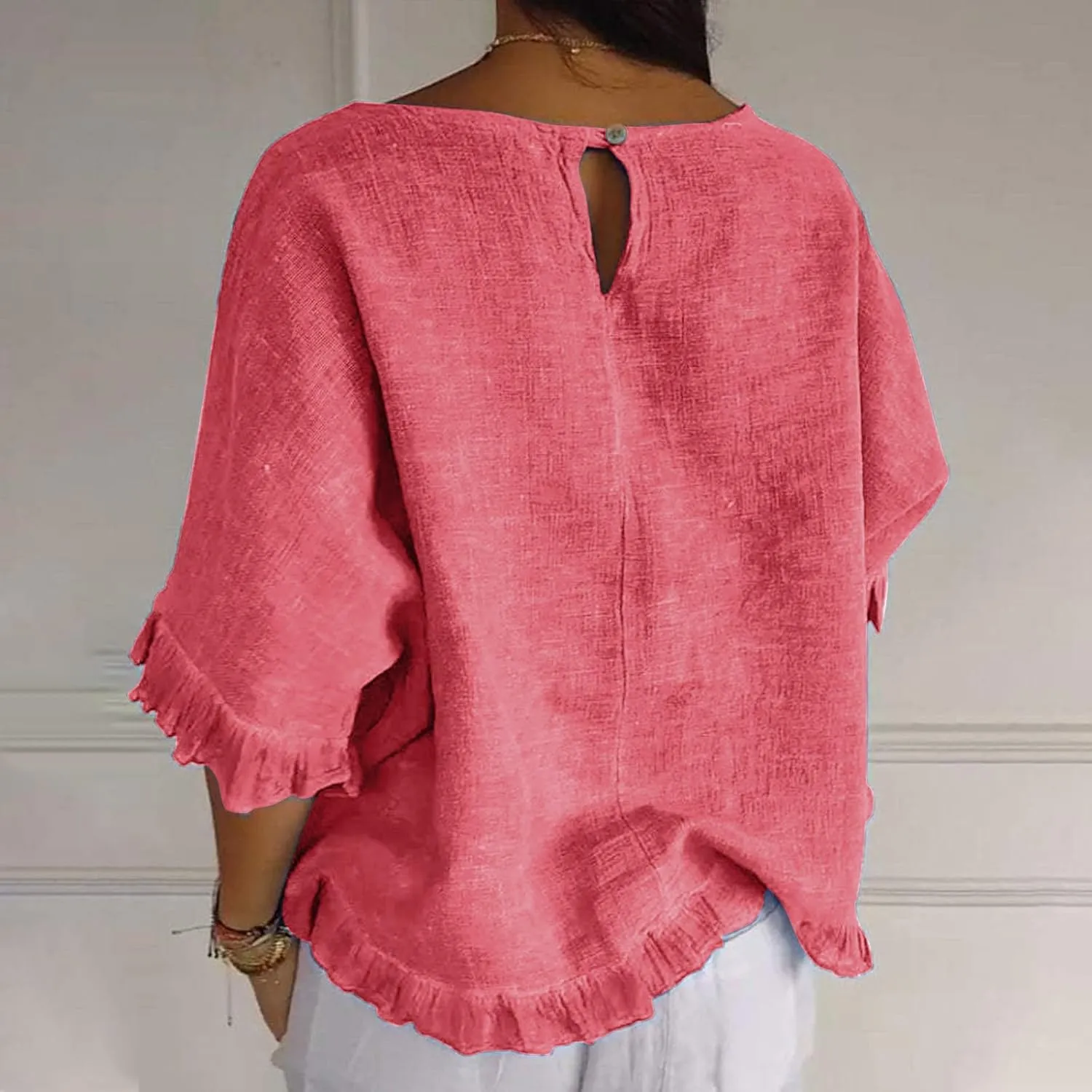 Women Linen Shirts Summer Casual Plus Size Beach Vacation Half Sleeve Gauze Tees Tops Crewneck Cotton Blouses Clothes