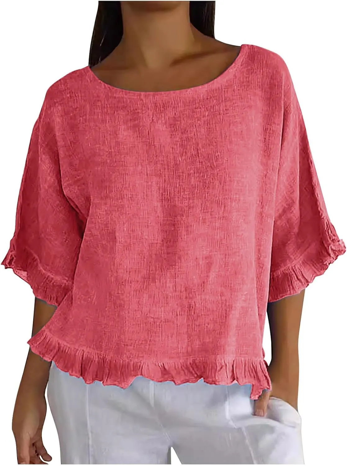 Women Linen Shirts Summer Casual Plus Size Beach Vacation Half Sleeve Gauze Tees Tops Crewneck Cotton Blouses Clothes