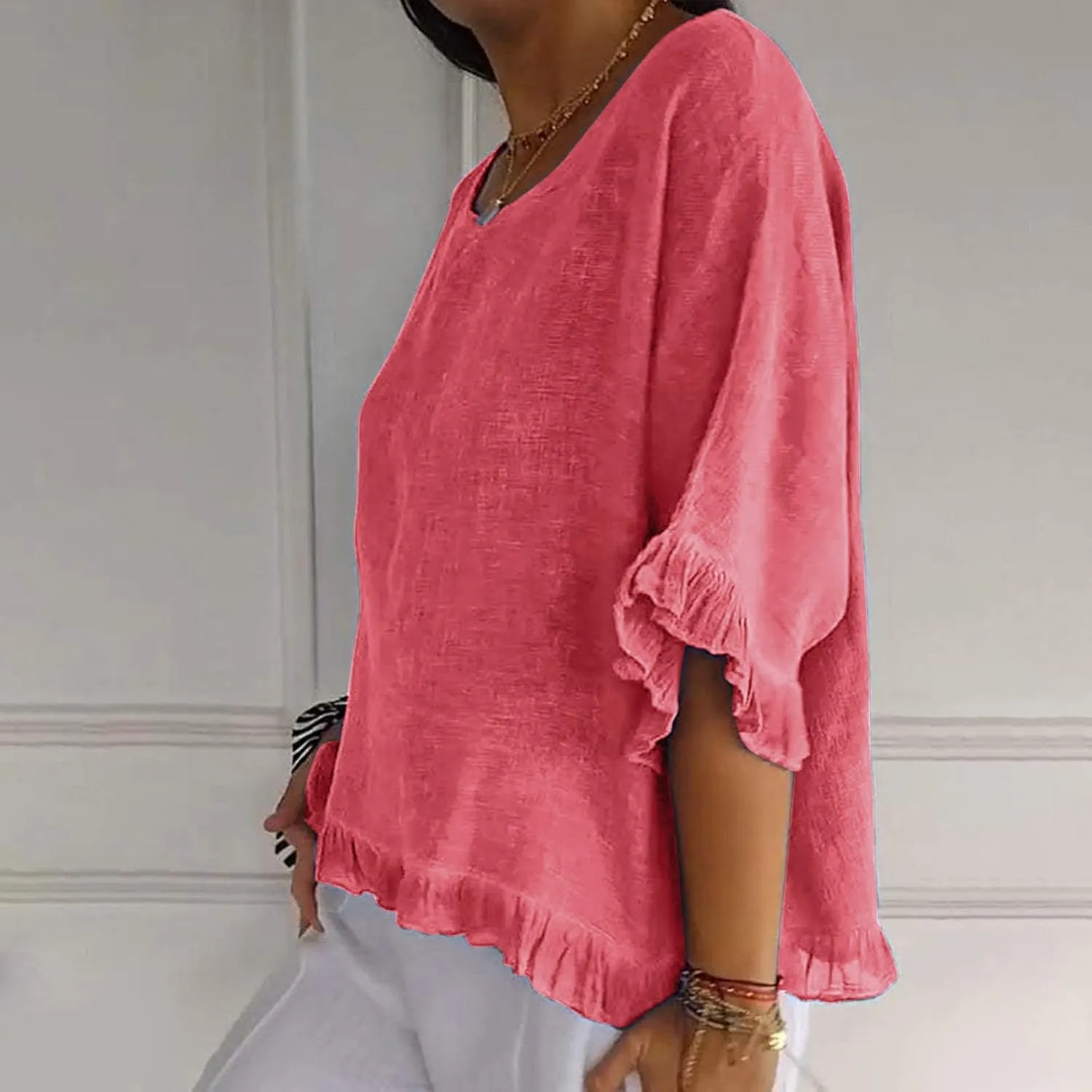 Women Linen Shirts Summer Casual Plus Size Beach Vacation Half Sleeve Gauze Tees Tops Crewneck Cotton Blouses Clothes