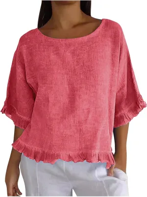 Women Linen Shirts Summer Casual Plus Size Beach Vacation Half Sleeve Gauze Tees Tops Crewneck Cotton Blouses Clothes
