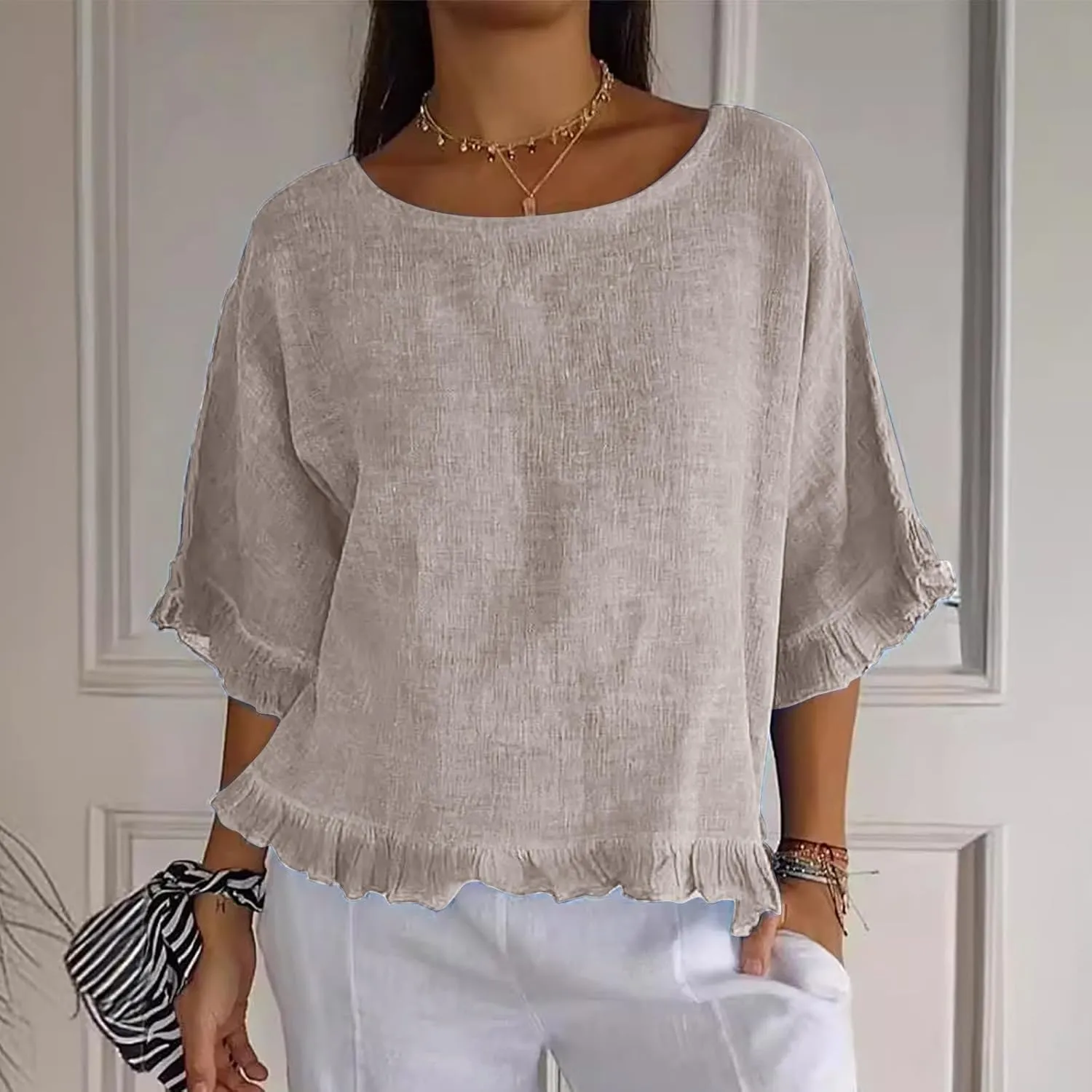 Women Linen Shirts Summer Casual Plus Size Beach Vacation Half Sleeve Gauze Tees Tops Crewneck Cotton Blouses Clothes