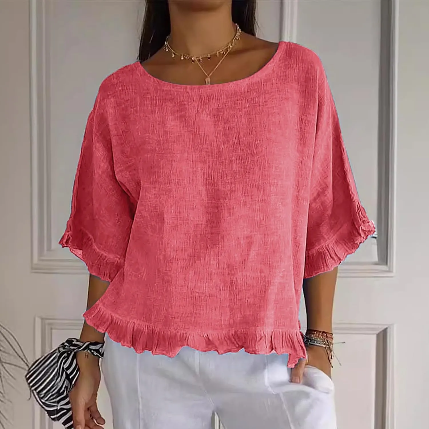 Women Linen Shirts Summer Casual Plus Size Beach Vacation Half Sleeve Gauze Tees Tops Crewneck Cotton Blouses Clothes