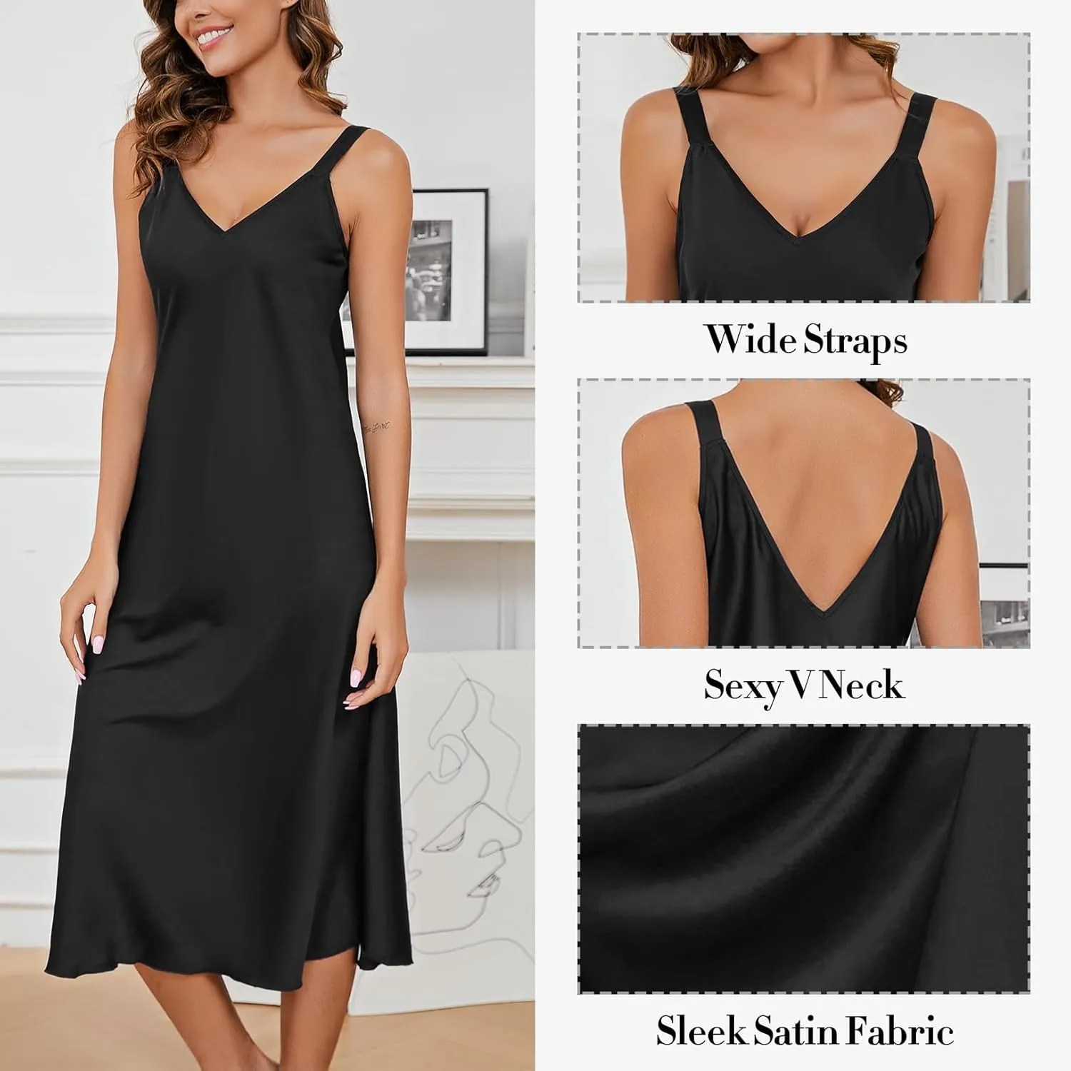 Women Long Satin Nightgown Silk Slips Dress Sexy V Neck Sleepwear Sleeveless Nightshirt Wide Strap Chemise