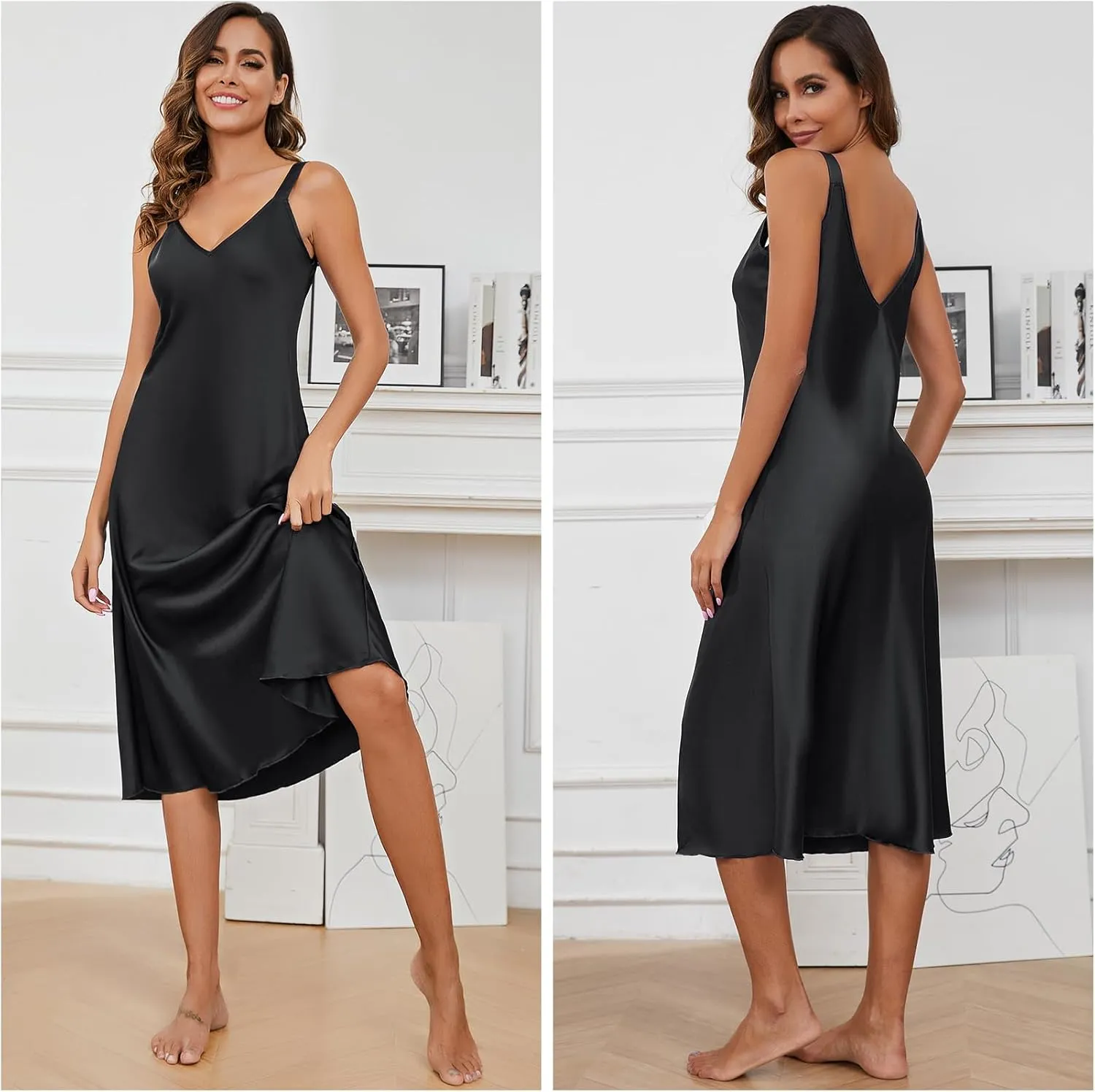 Women Long Satin Nightgown Silk Slips Dress Sexy V Neck Sleepwear Sleeveless Nightshirt Wide Strap Chemise