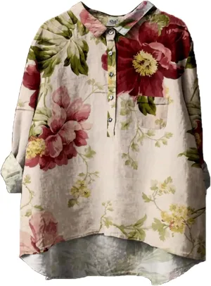 Women Long Sleeve Beach Shirt Printed Loose Fit Tee Tops Lapel Neck Button Blouses Long Short Sleeve Shirts for